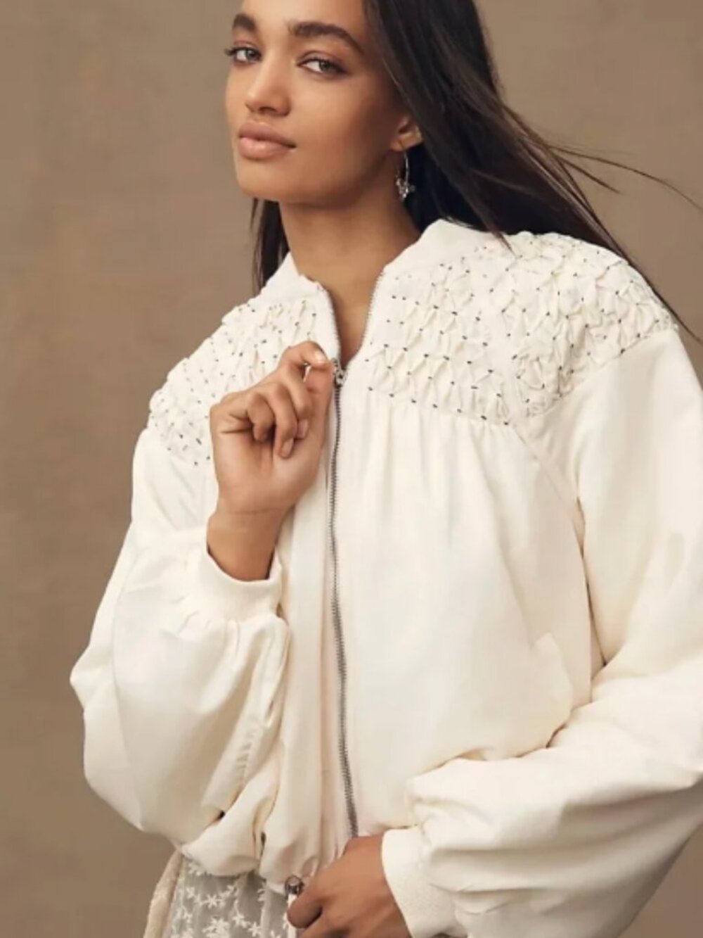 LIKE NEW! Anthropologie Cream Smocked Balloon Sleeve Bomber Jacket Size M